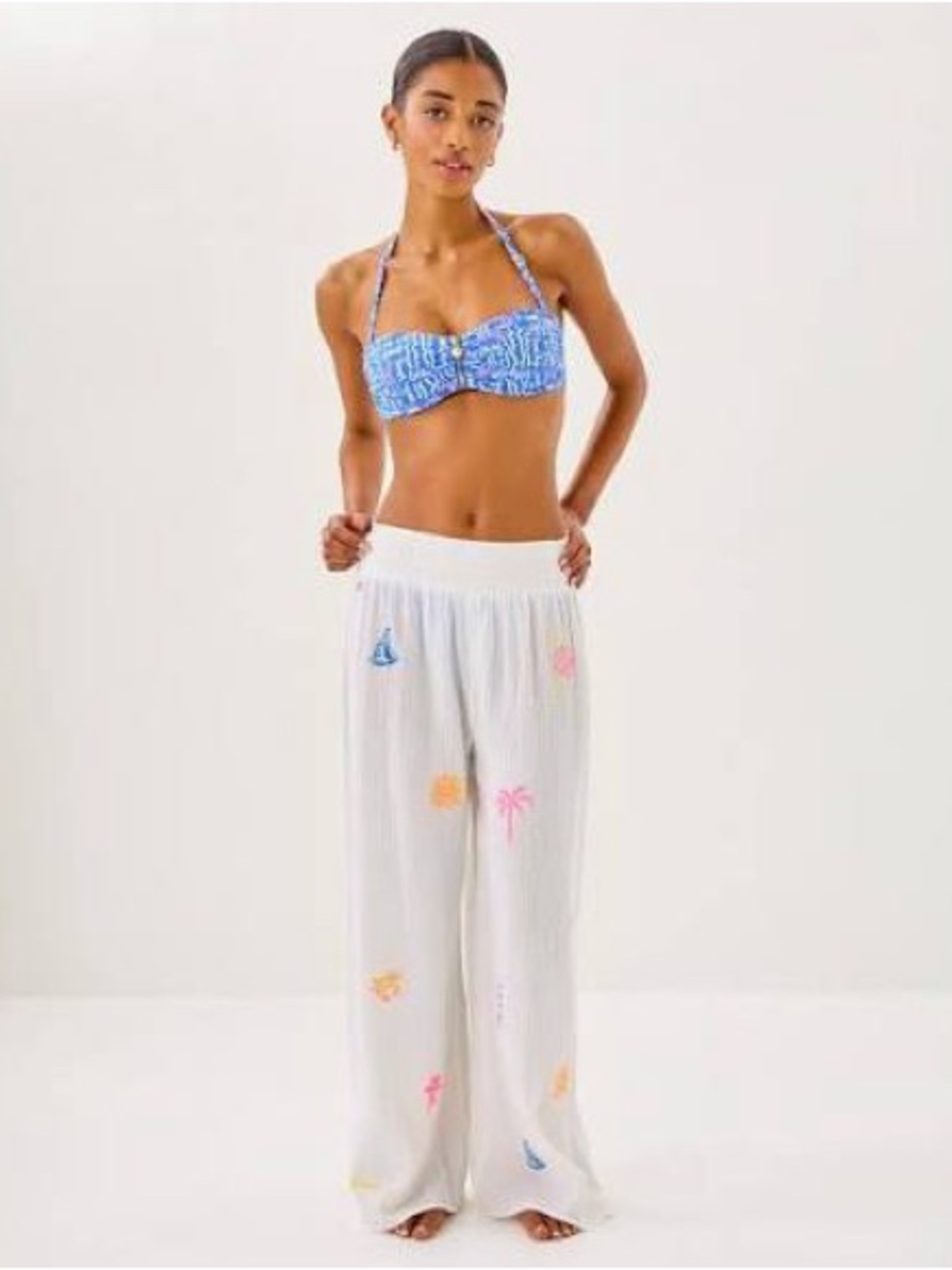 Lilly Pulitzer White Wide-Leg Embroidered Swim Coverup Pants